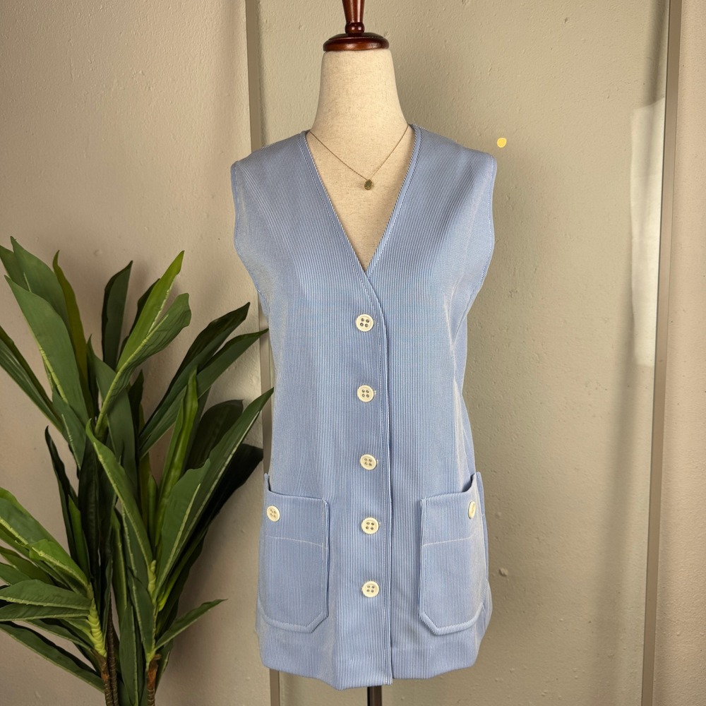 Retro 70s Mod Utility Sleeveless Blue Vintage Pinstripe Longline Button Vest L